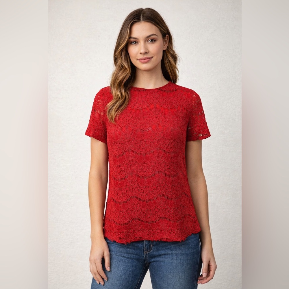 Monteau Red Lace Floral scalloped Short Sleeve Top Womens Size Large